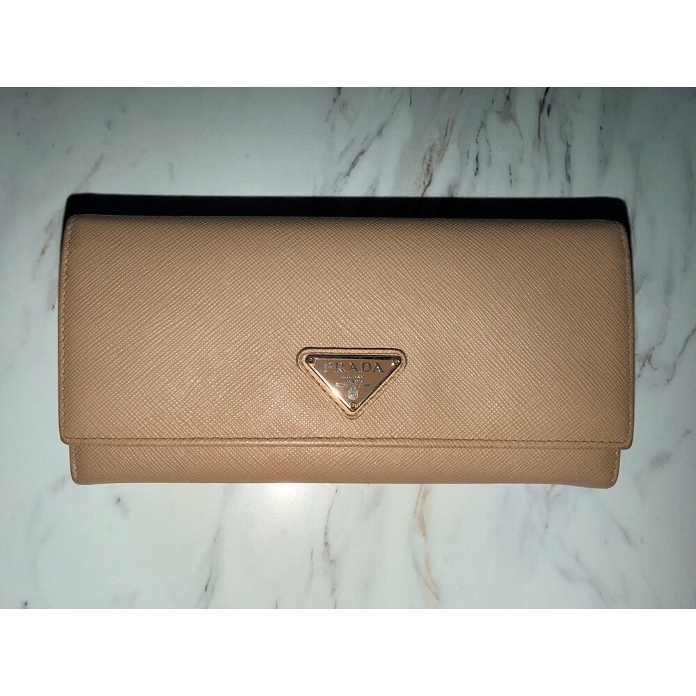 Authentic PRADA Logo Plate Saffiano Leather Long Bifold Wallet Tan Long Size
